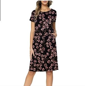 Levaca Floral Black and Pink Pullover Shirt Dress Drawstring Waist‎ New Size MD